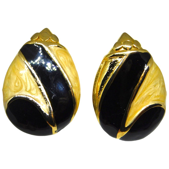Cream Black Enamel Earrings Clip On Teardrop Retro Back Gold Tone 1.5" X 1" - Picture 1 of 8